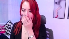 Amateur redhead masturbates then gives a blowjob