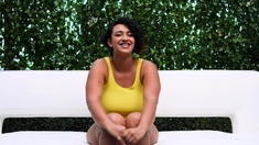 Busty curly brunette with big boobs fucks on couch