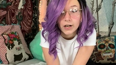 Busty curly brunette with big boobs fucks on couch