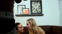 Amateur adorable blonde and brunette girls doing blowjob