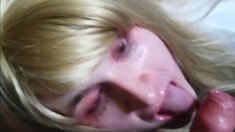Blonde Crossdresser Swallows Huge Load from Older Man