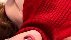 Busty curly brunette with big boobs fucks on couch