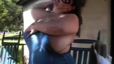 Busty curly brunette with big boobs fucks on couch
