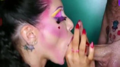 Sucking a gigantic knob with huge hooters until he
