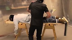 Dude in jeans gets tied down and has his ass dominated by a gimp