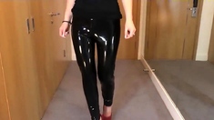 Sexy Latex Liquid Leggings with Red Stilettos Fetish